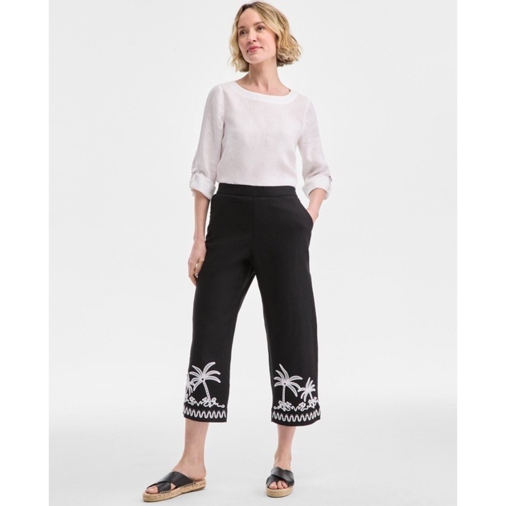 NWT Charter Club 100% Linen Contrast-Trim Cropped Pull On Pants Black/White Sz M